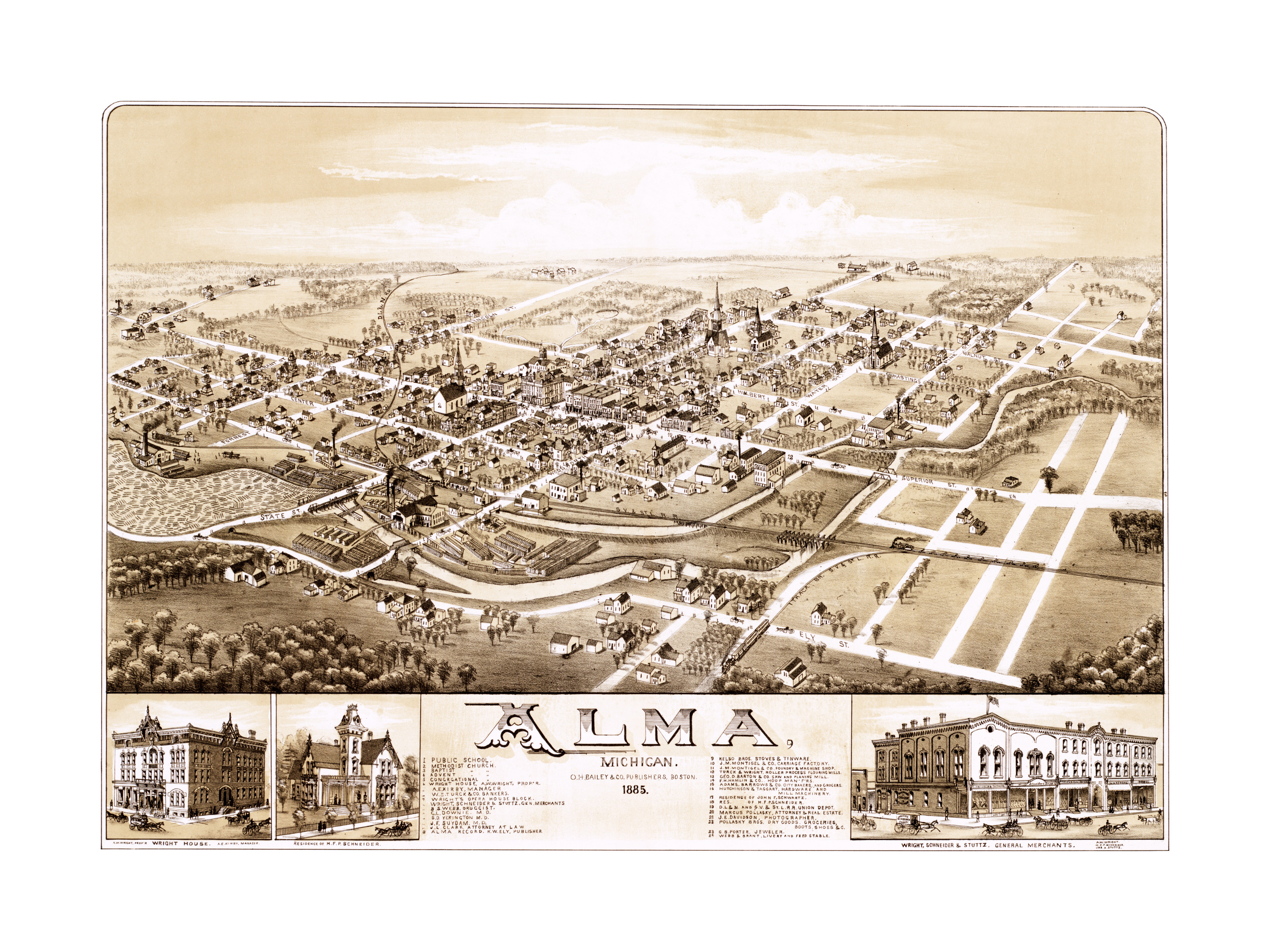 Alma, Michigan map showing the town as it looked in 1885
