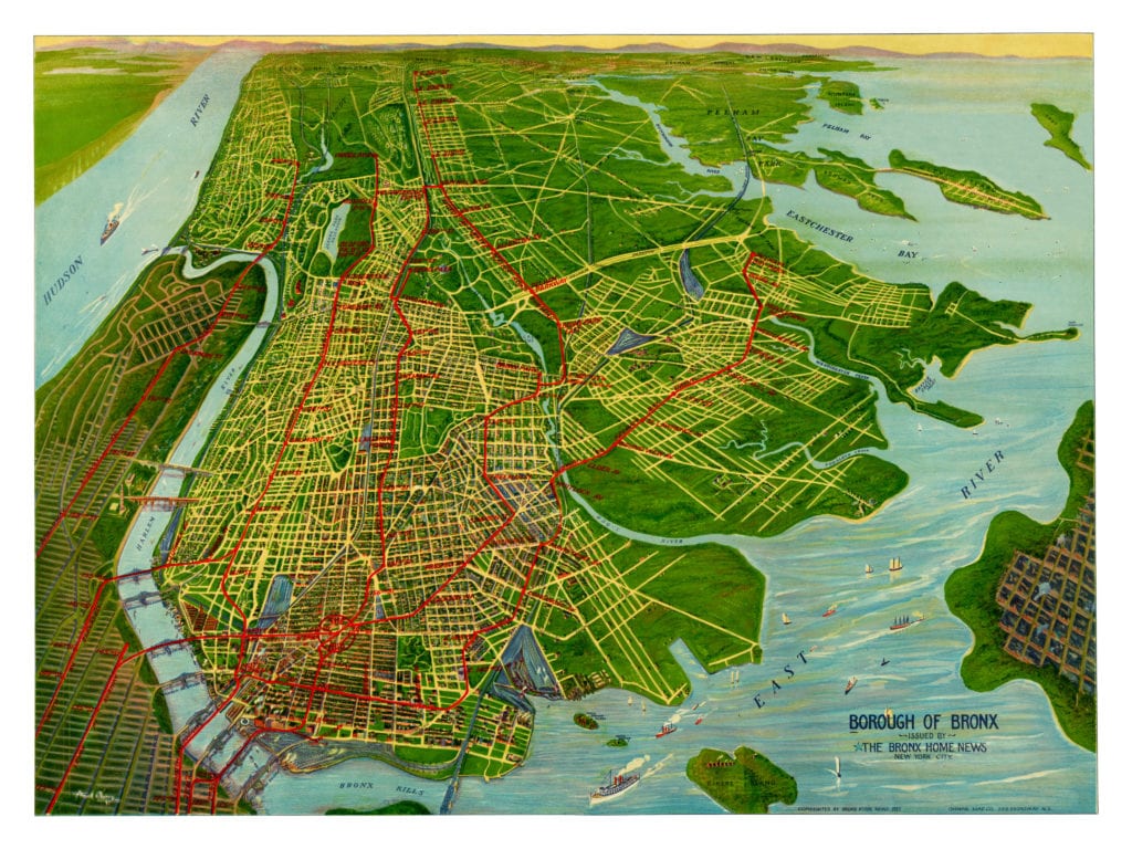 this beautifully colored map shows bronx landmarks such as fordham university bronx park the harlem river the hub at 149th street crotona park