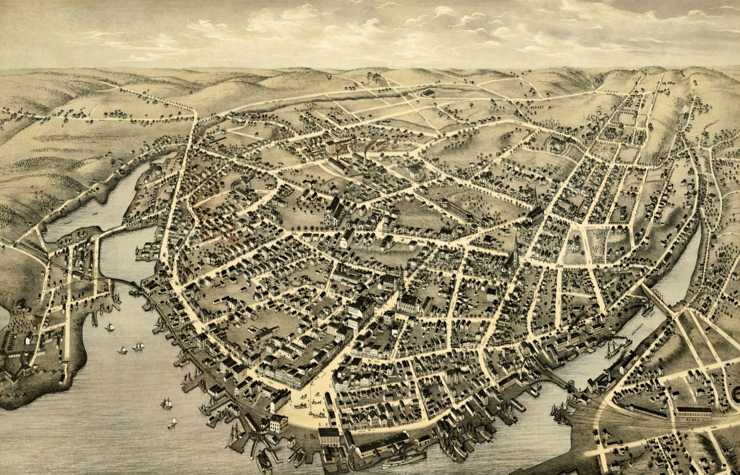 New London CT in 1876 Vintage map shows bird's eye view of city 140