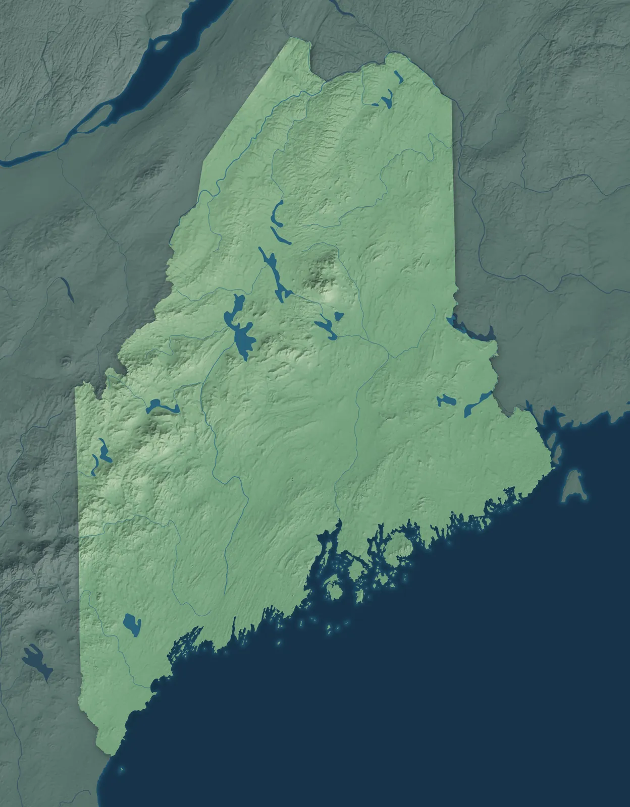 Relief map of Maine with each town map as a dot