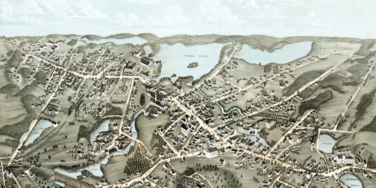 Beautifully restored bird’s eye view of Canton, MA from 1878