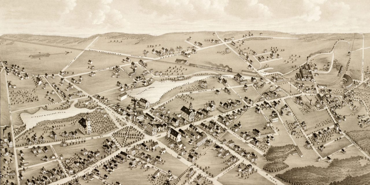 Old map showing a bird’s eye view of Mansfield, Mass in 1879
