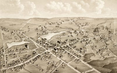 Old map showing a bird’s eye view of Mansfield, Mass in 1879