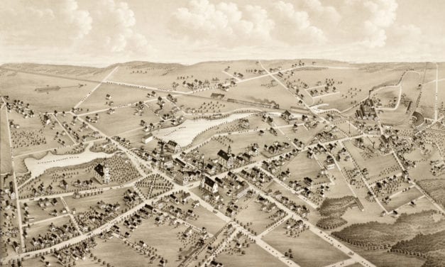 Old map showing a bird’s eye view of Mansfield, Mass in 1879