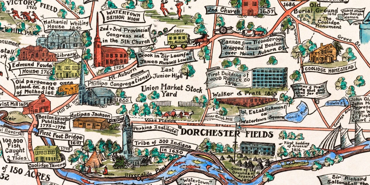 Beautifully restored map of Watertown, MA from 1930