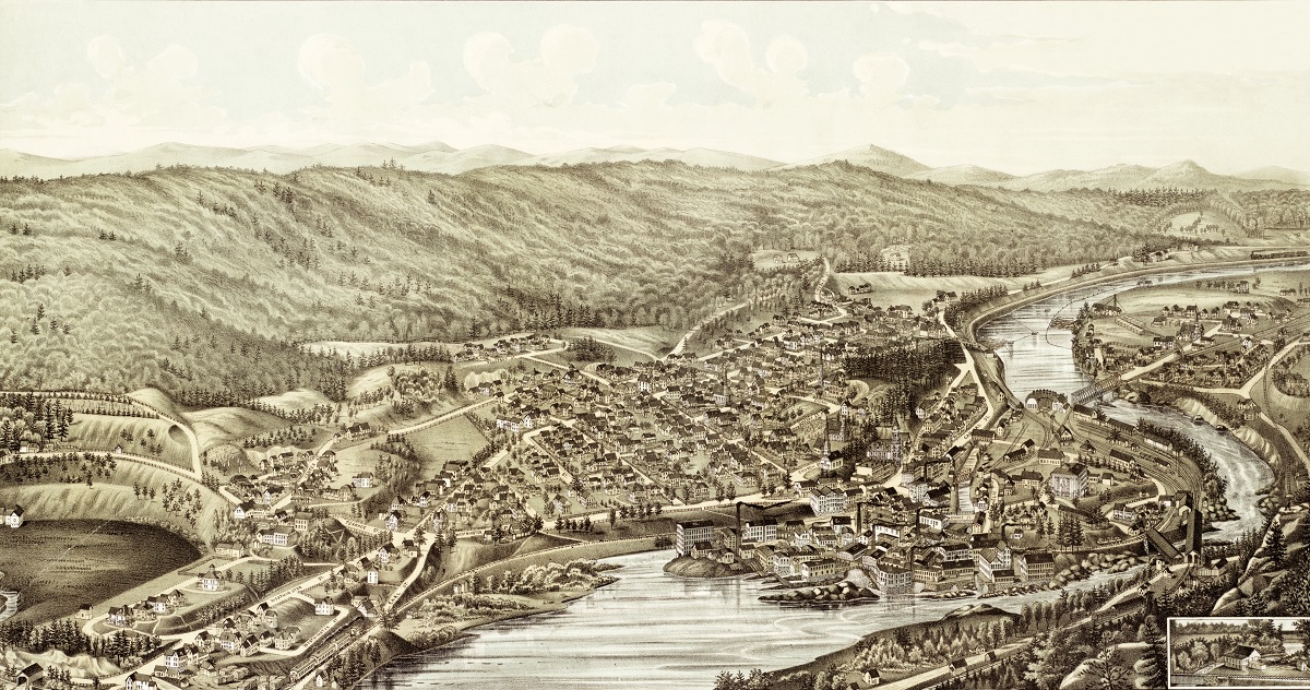 Amazing bird’s eye view of Bellows Falls, VT in 1886