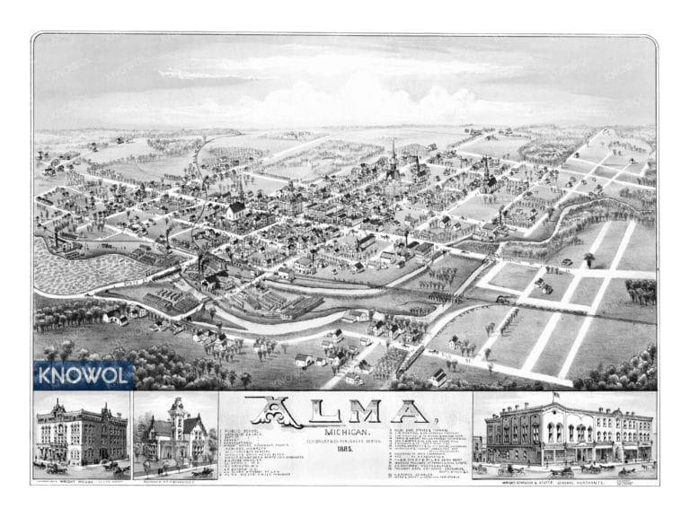 Alma, Michigan map showing the town as it looked in 1885