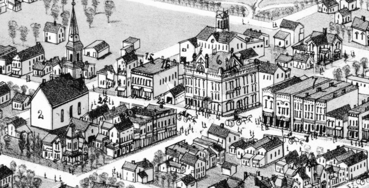 Detailed bird’s eye view of Alma, Michigan in 1885