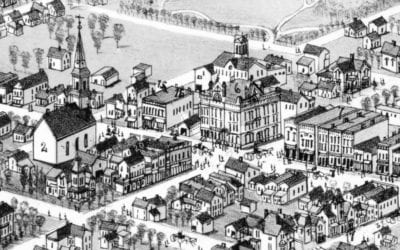 Detailed bird’s eye view of Alma, Michigan in 1885