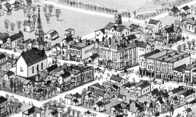 Detailed bird’s eye view of Alma, Michigan in 1885