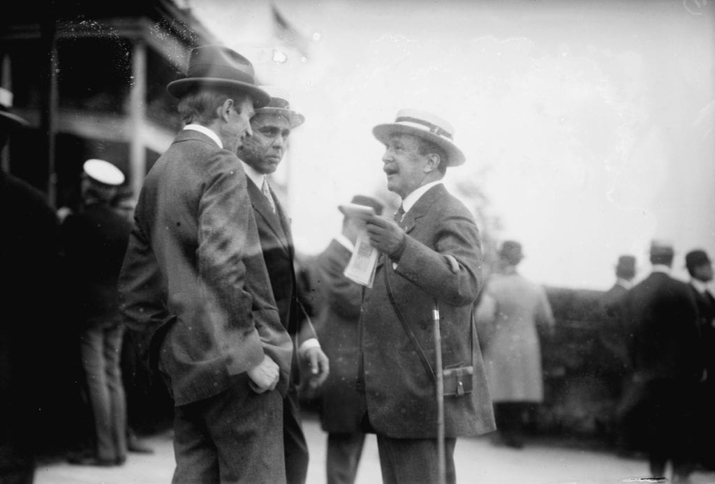 Photograph shows August Belmont, Jr. (1853-1924) possibly at the Belmont Park racetrack in Elmont, Long Island, New York State.