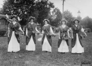 Photo shows participants in suffrage pageant and parade which went from Mineola to Hempstead, Long Island, New York, May 24, 1913.