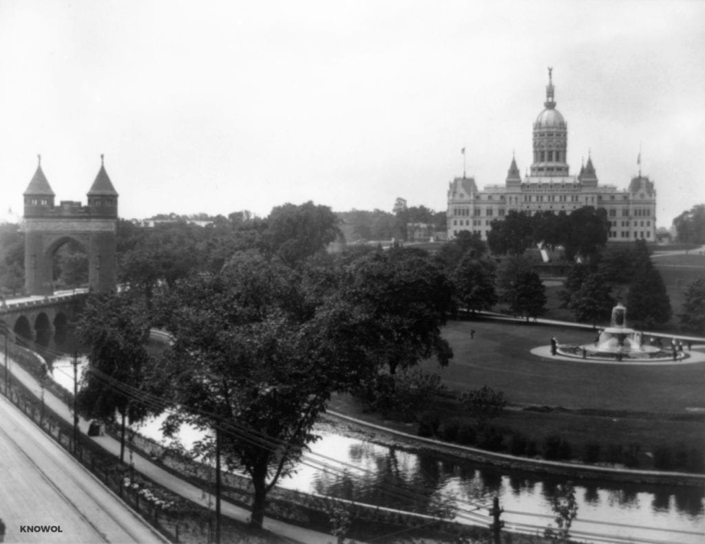 Birds eye view of the Capitol, arch and fountain, Bushnell Park, Hartford, Conn.