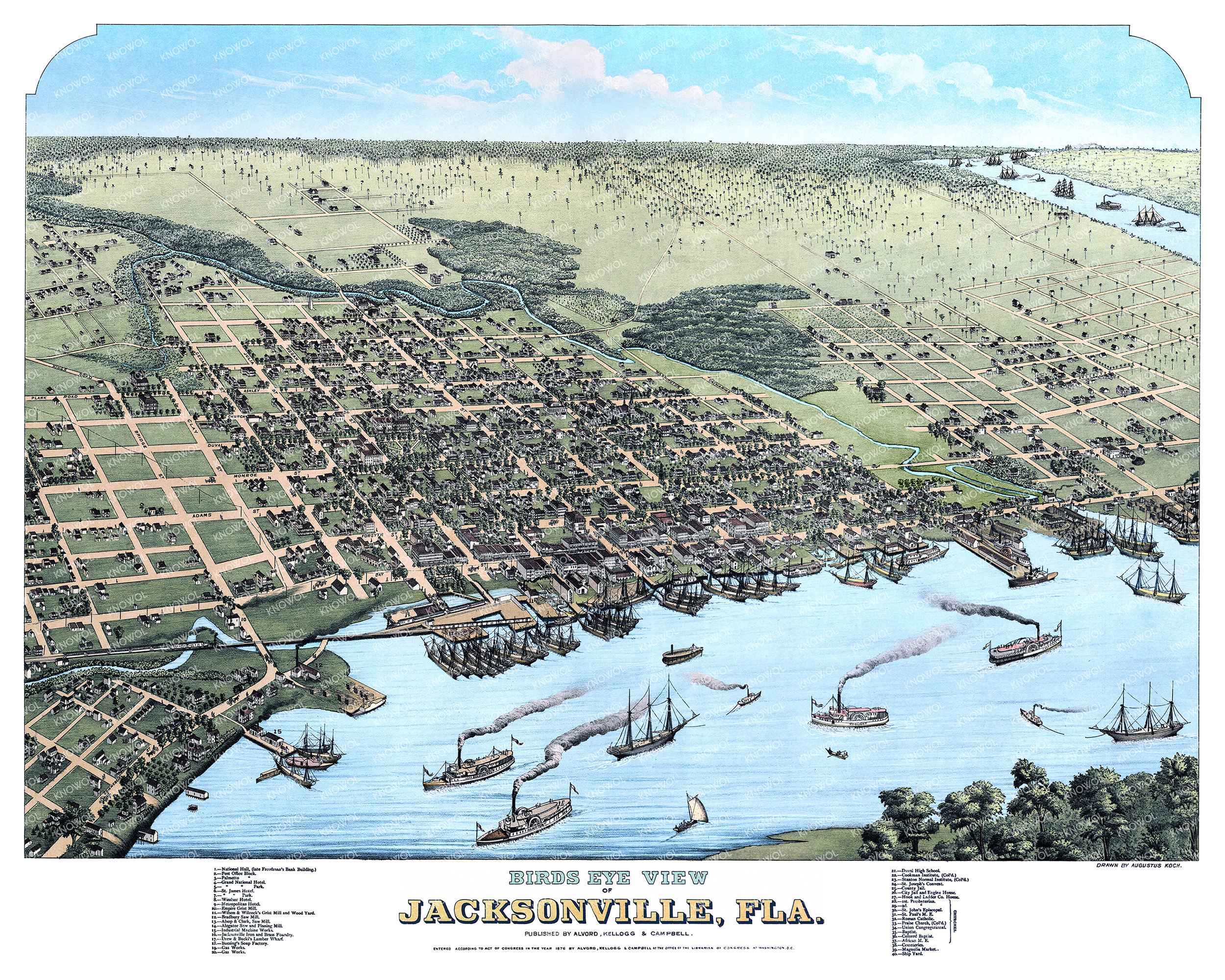 Historic bird's-eye view map of Jacksonville, Florida from 1876 by Augustus Koch, restored by KNOWOL