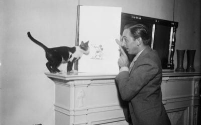 Walt Disney Showing a Picture of Mickey Mouse to a Cat