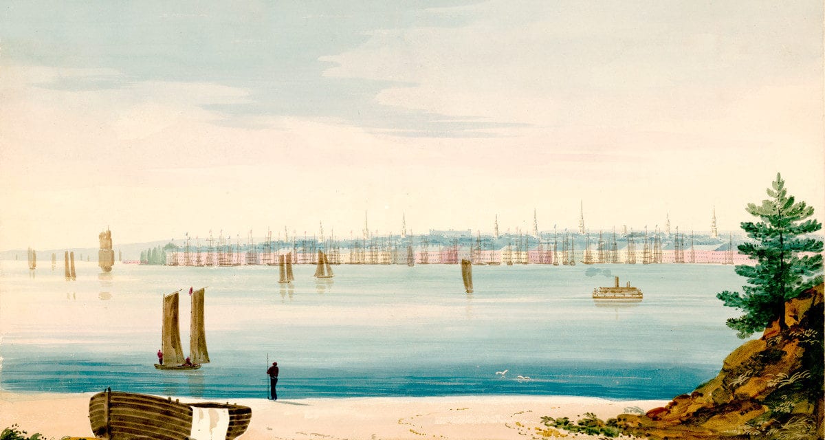 View of lower Manhattan from Brooklyn Strand in 1825