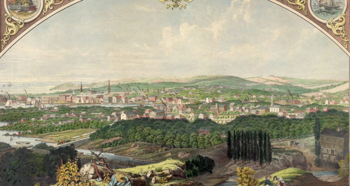 Cityscape view of Bridgeport, Connecticut from a nearby hill in 1857