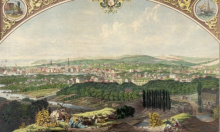 Cityscape view of Bridgeport, Connecticut from a nearby hill in 1857