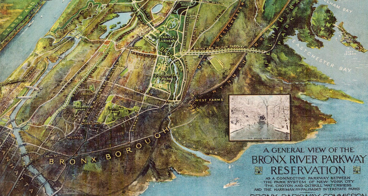 Beautiful illustrated map of Bronx River Parkway from 1915