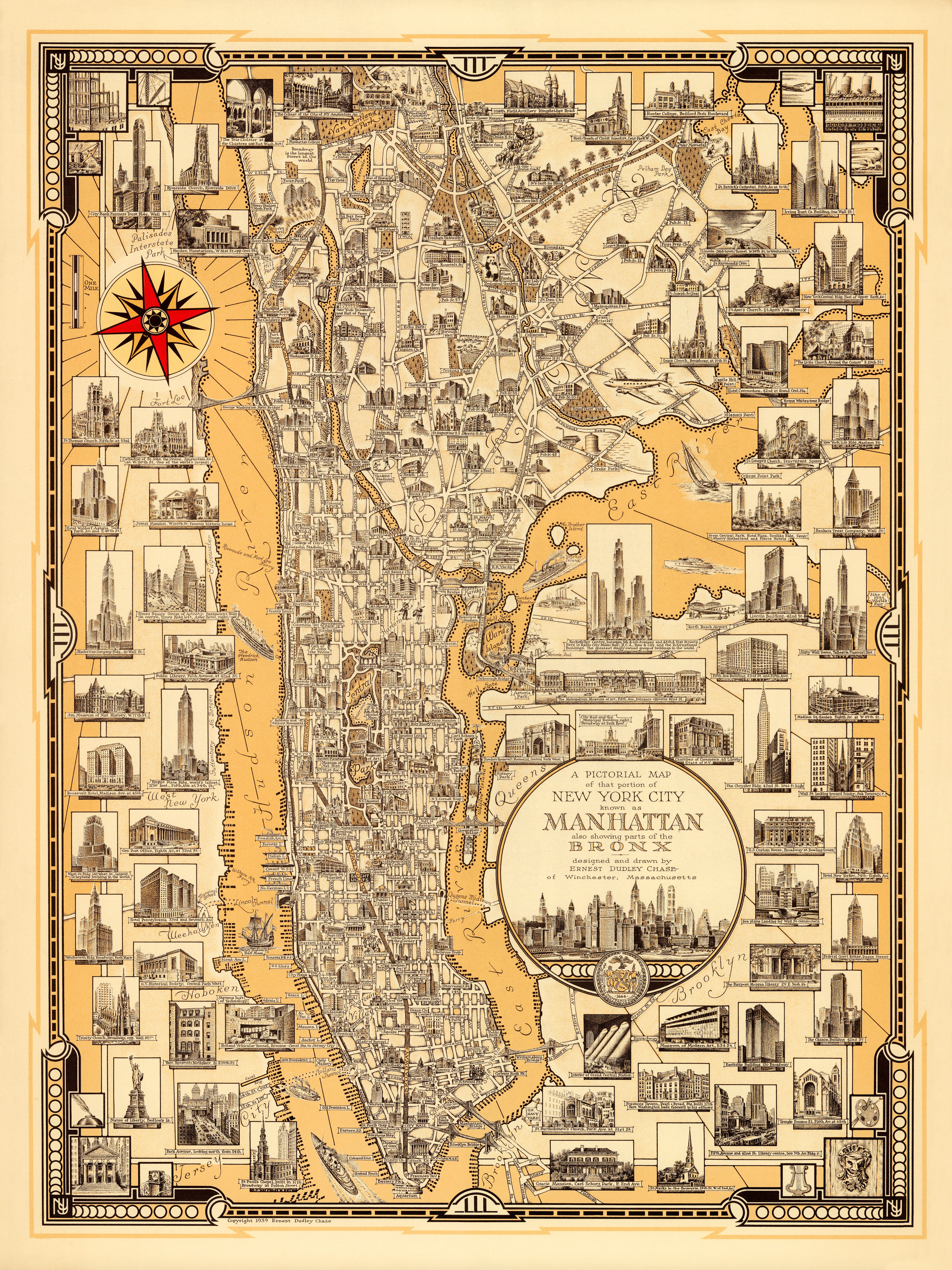 Old Map Of Manhattan Nyc Featuring Illustrations From 1939