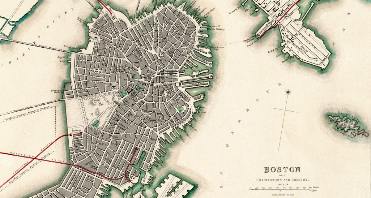 Aerial map of Boston, Charlestown and Roxbury, Massachusetts in 1853