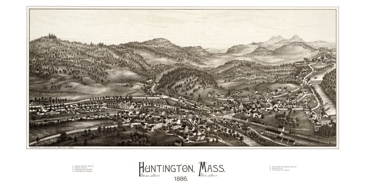 Bird’s eye view of Huntington, Massachusetts from 1886