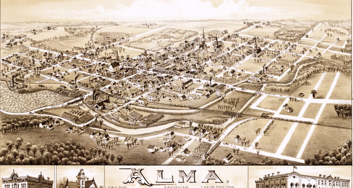 Alma, Michigan map showing the town as it looked in 1885
