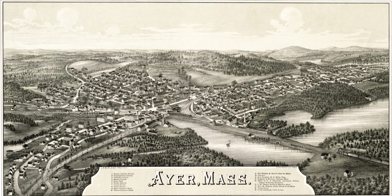 Ayer, Massachusetts Map from 1886 shows bird's eye view of town