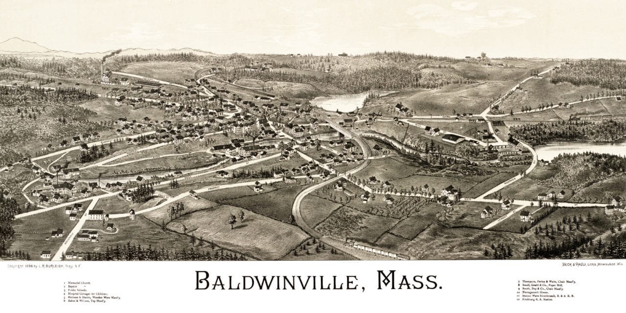 Hand Drawn Map of Baldwinville, Massachusetts from 1886