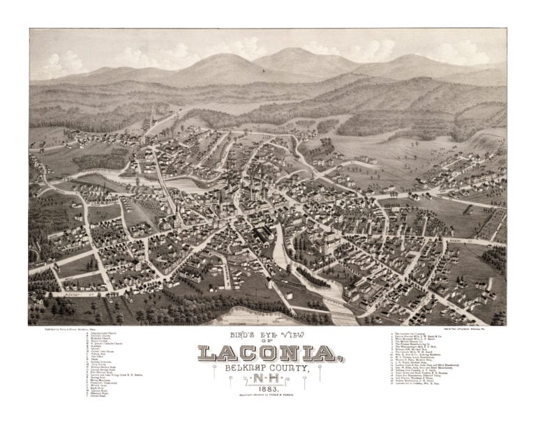 Old Laconia, New Hampshire map shows bird’s eye view of town in 1883