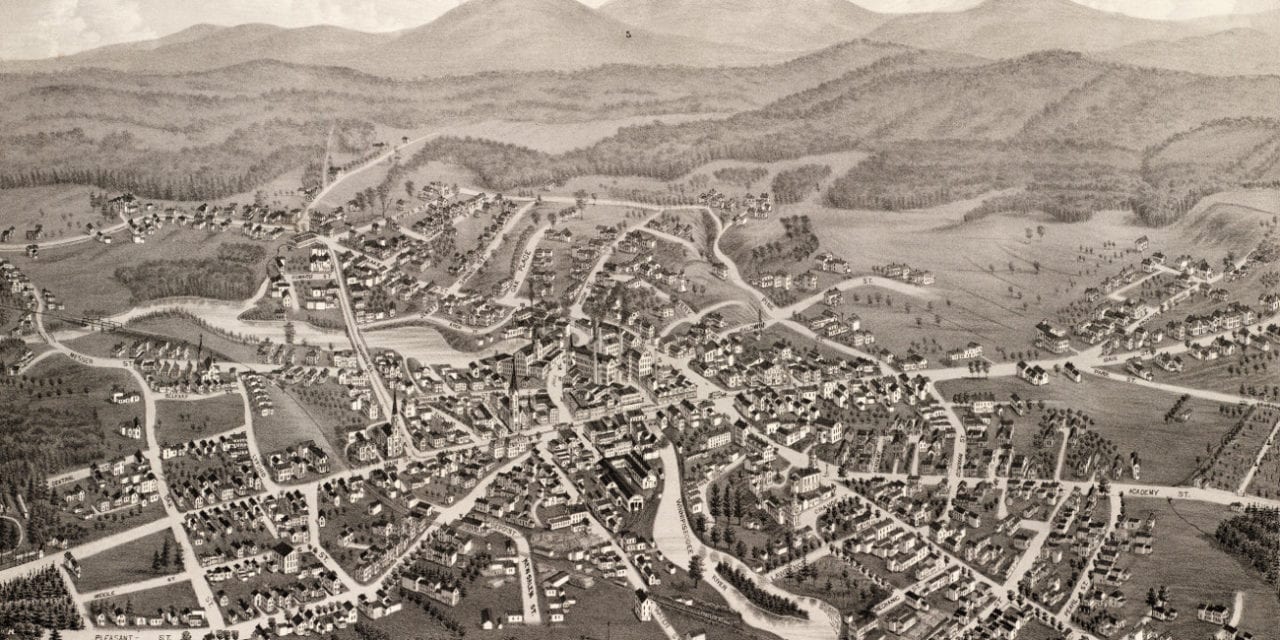 Beautiful bird’s eye view of Laconia, NH from 1883