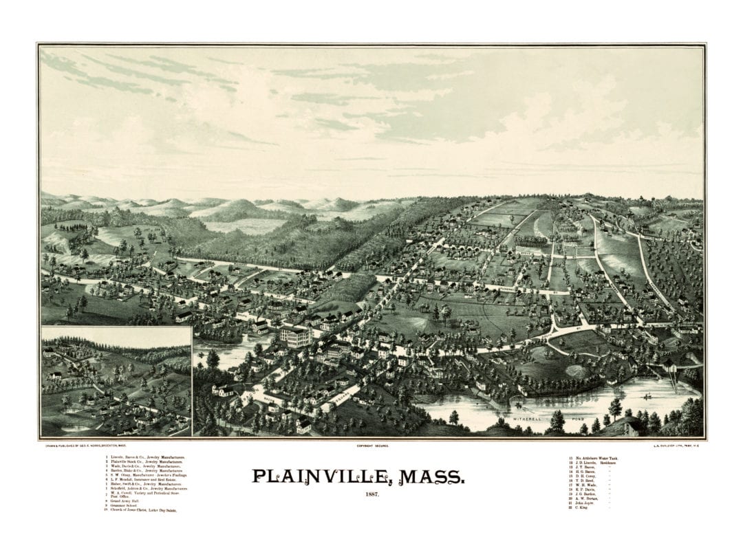 Plainville, Massachusetts map from 1887 shows bird’s eye view