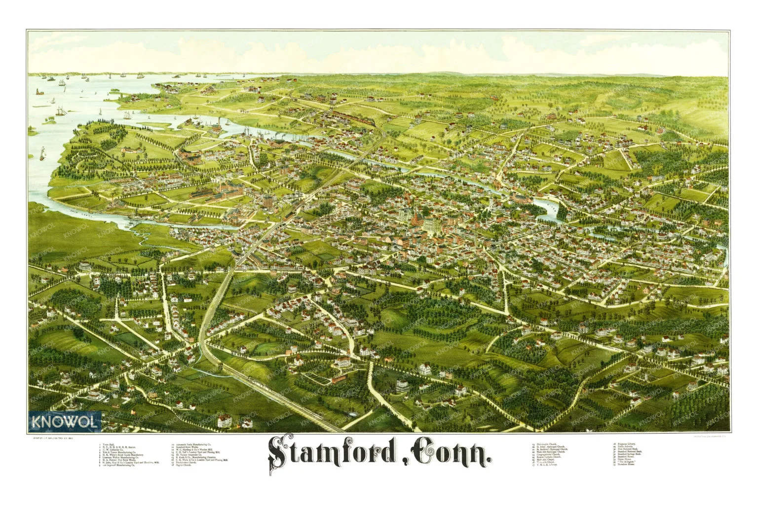 Beautiful hand drawn map of Stamford, Connecticut in 1883 - KNOWOL