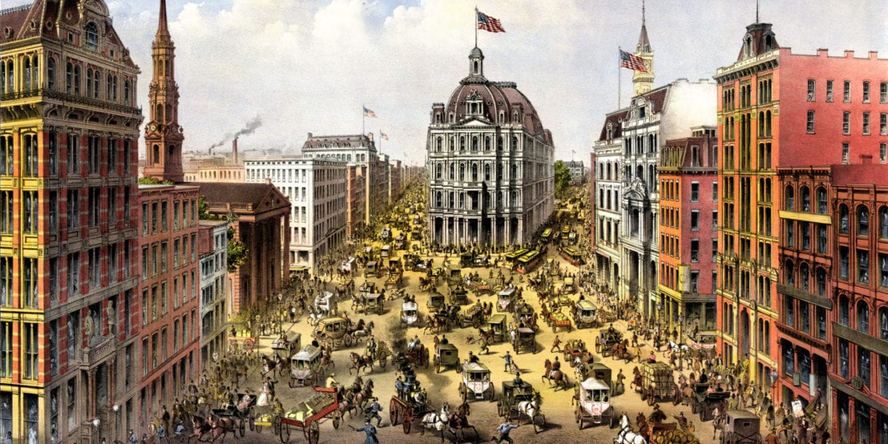 Bird’s eye view of Broadway in New York City in 1875