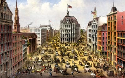 Bird’s eye view of Broadway in New York City in 1875