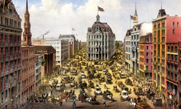 Bird’s eye view of Broadway in New York City in 1875