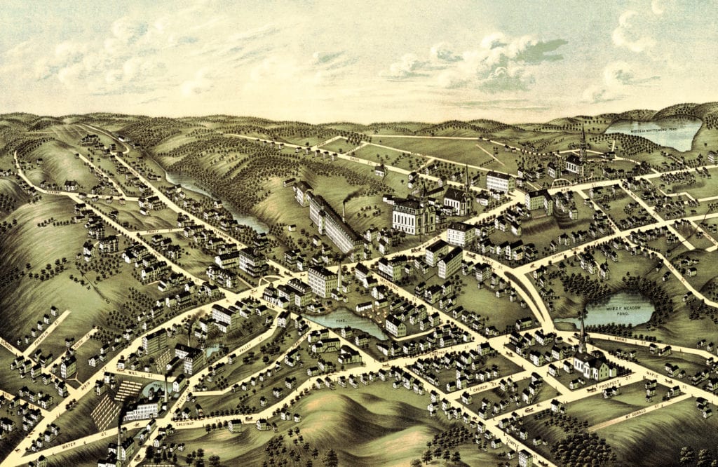 Restored bird's eye view of Spencer, MA from 1877 KNOWOL