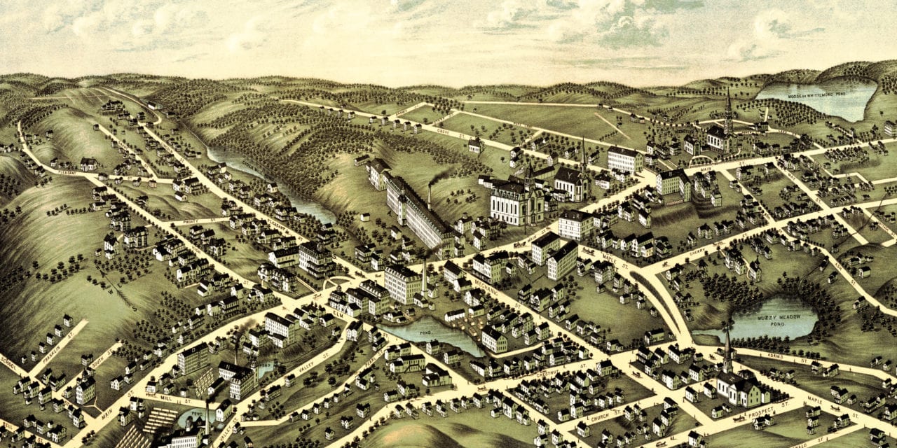 Restored bird’s eye view of Spencer, MA from 1877