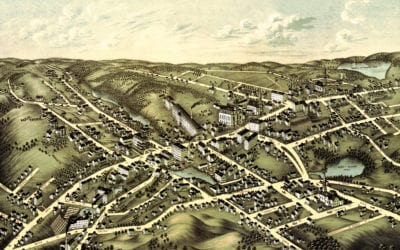 Restored bird’s eye view of Spencer, MA from 1877