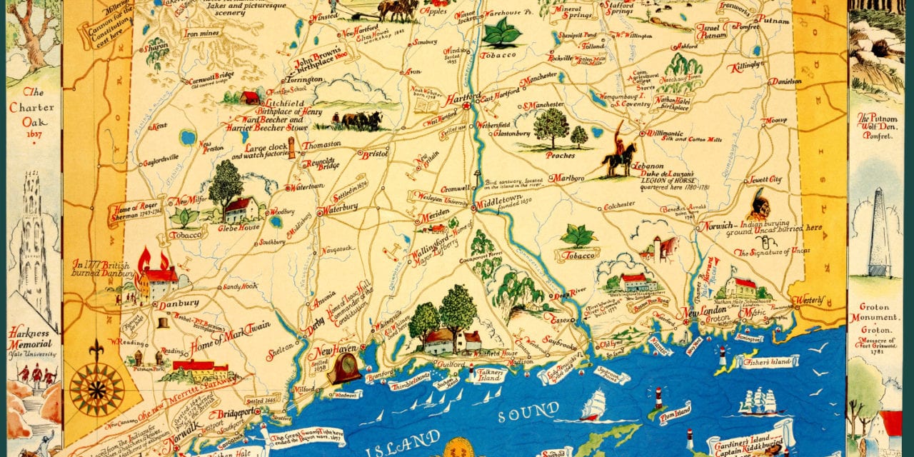 Vintage map featuring historical Connecticut facts and trivia