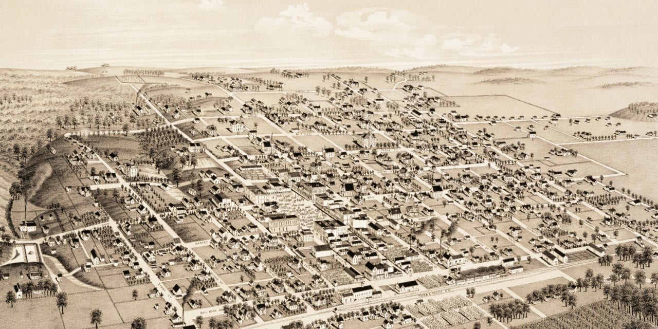 Historical map shows bird’s eye view of Honey Grove, TX in 1886