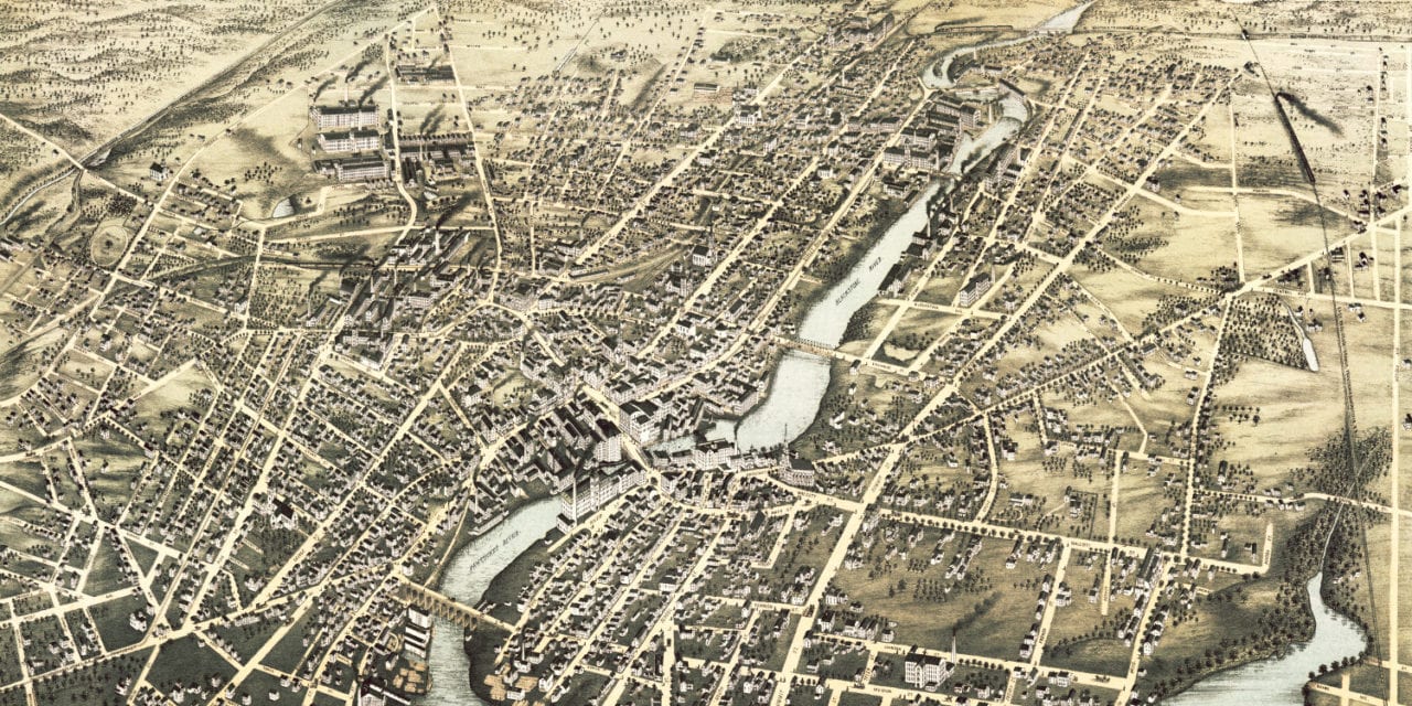 Bird’s eye view of Pawtucket and Central Falls, RI in 1877