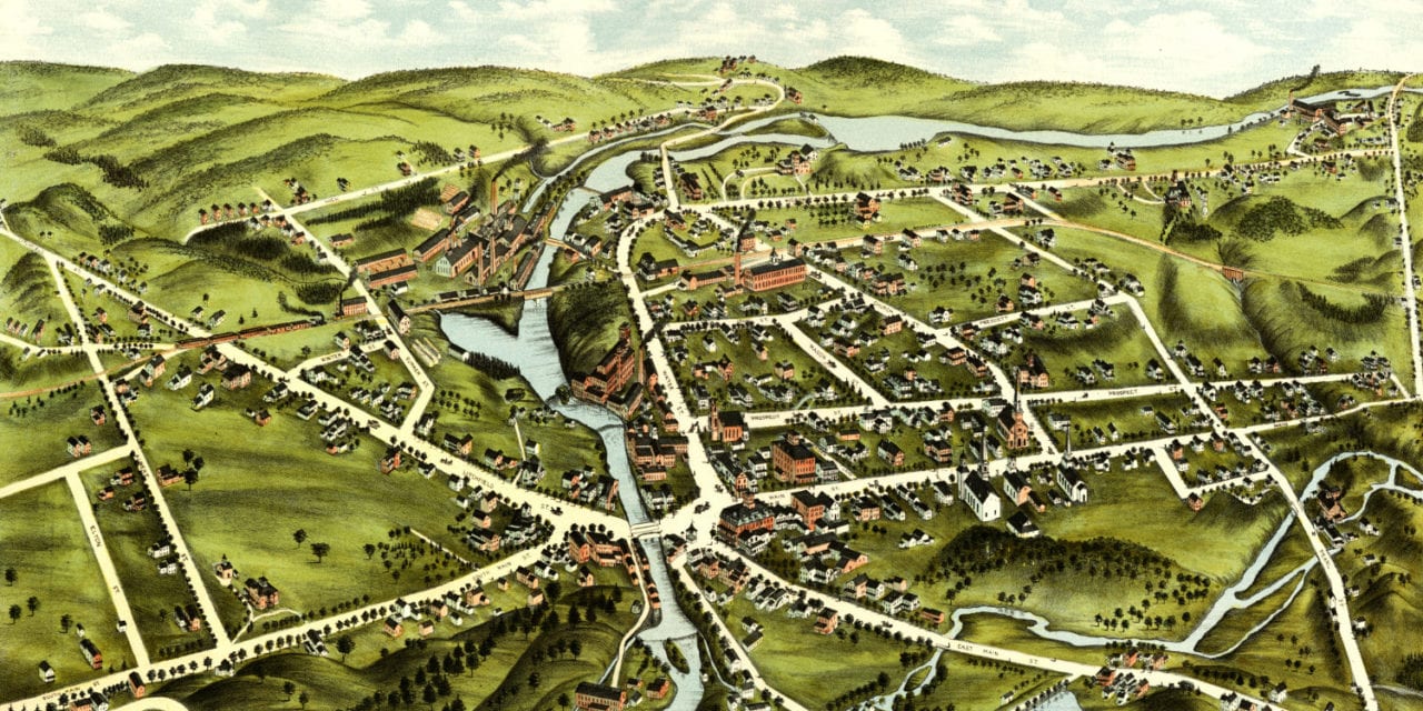 Beautiful bird’s eye view of Wolcotville (Torrington), Connecticut from 1877