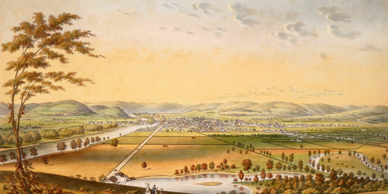 Beautiful hand colored view of Elmira, New York from 1840