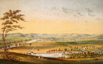 Beautiful hand colored view of Elmira, New York from 1840