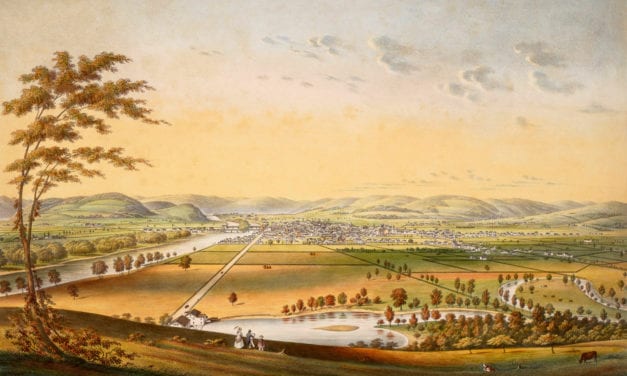 Beautiful hand colored view of Elmira, New York from 1840