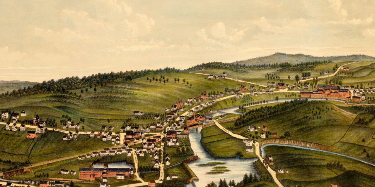 Old map showing a bird’s eye view of Moosup, Connecticut in 1889