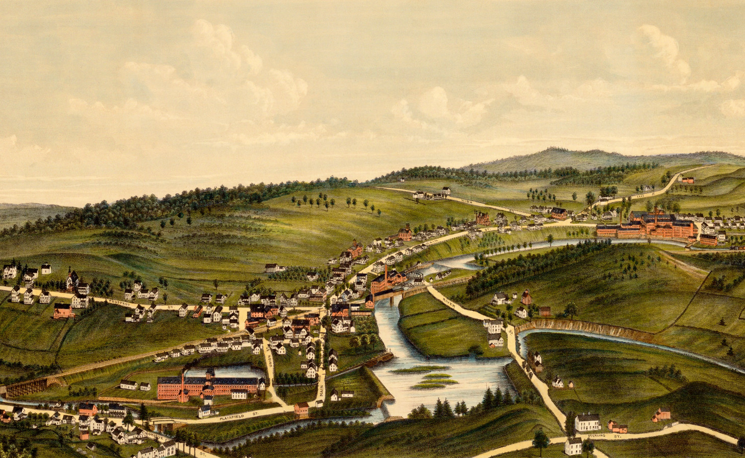 Old map showing a bird’s eye view of Moosup, Connecticut in 1889 KNOWOL