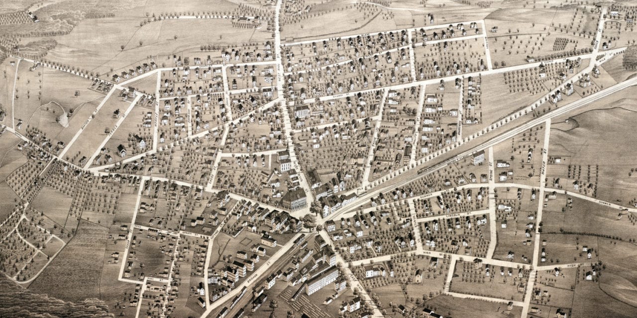 Historic bird’s eye view of Westborough, MA in 1880