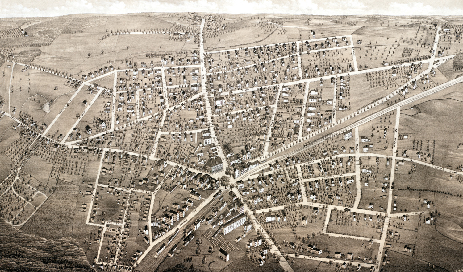 1888 Westborough Panoramic Old City Map Historic Birds Eye View Vintage Map Art Print Massachusetts Map